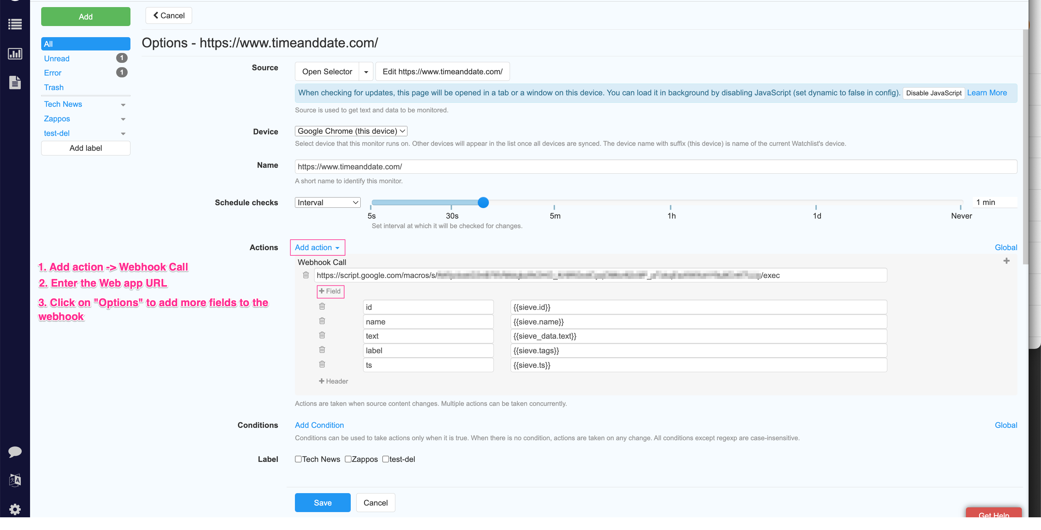 Enter Web App URL in Webhook