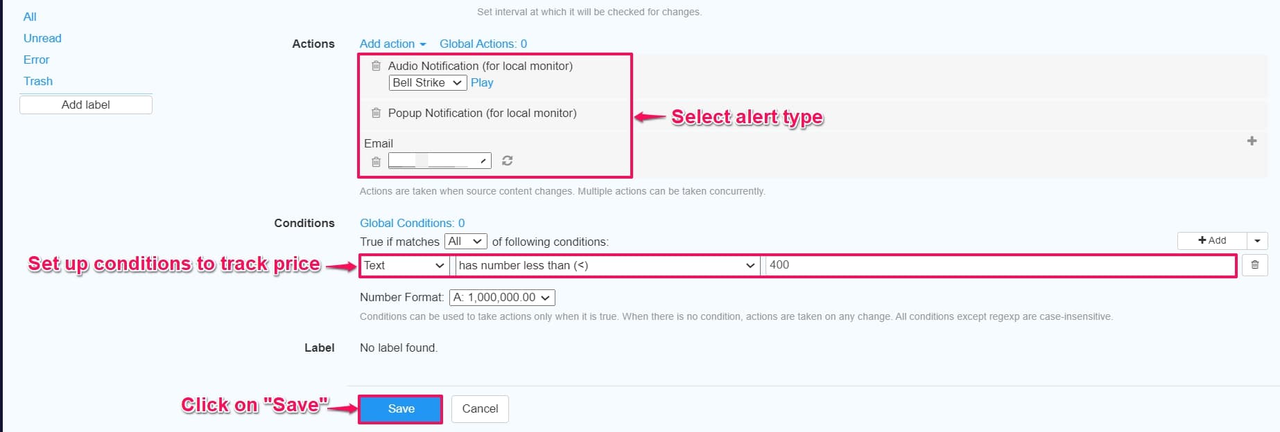 Configure conditions for price tracking