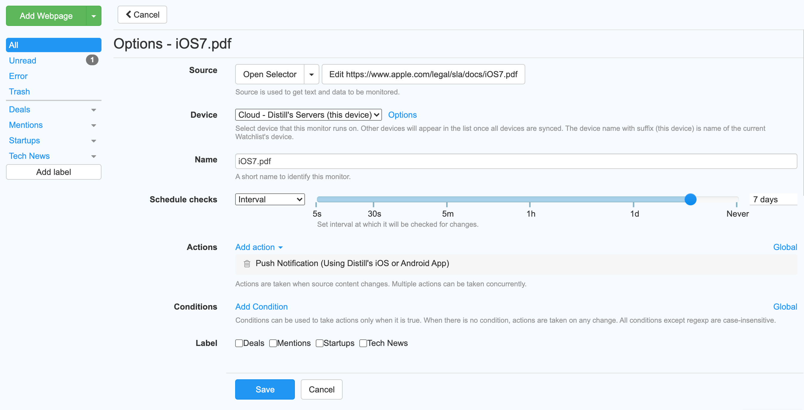 configure actions, check interval for the monitor