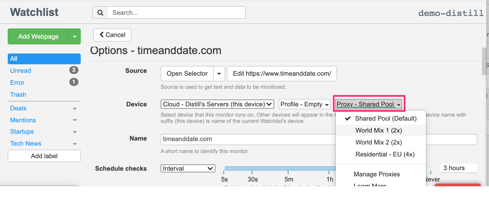 drop-down menu with proxy list